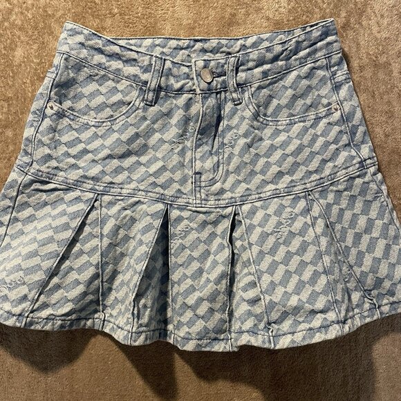 Chuu Skirt Womens Size Small Mini Denim Pleated Jean Light Wash Checkered Preppy - Picture 1 of 6